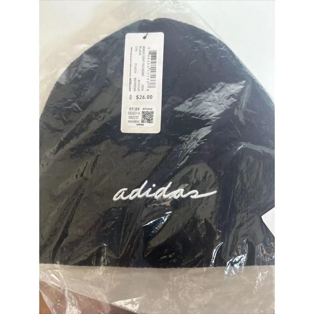 Adidas Womens Beanie Script Cuff Fold Black Hat Cap White Cursive‎ Logo NEW NWT